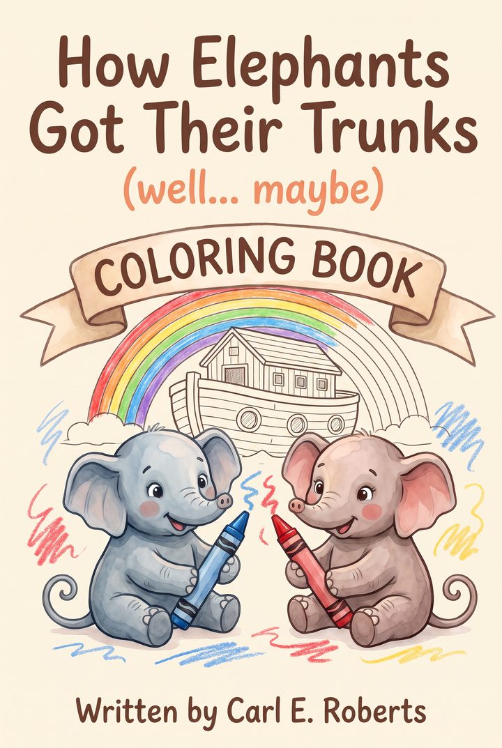 Coloring book cover: How Elephants Got Their Trunks (well… maybe), with Ed and Ethel holding crayons