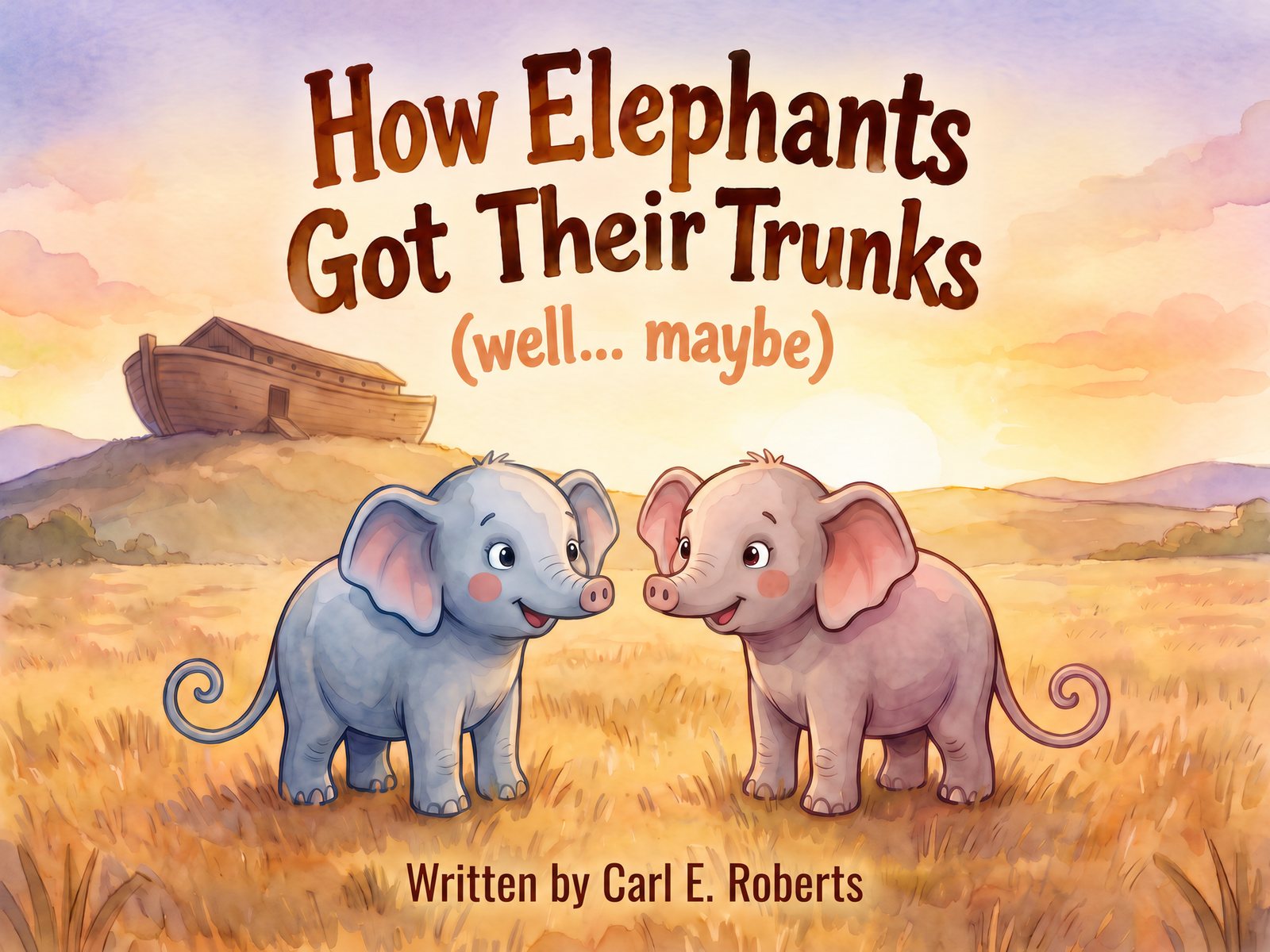 Watercolor cover of How Elephants Got Their Trunks (well… maybe): two little elephants, Ed and Ethel, face to face on golden grass with the ark on a hill at sunrise
