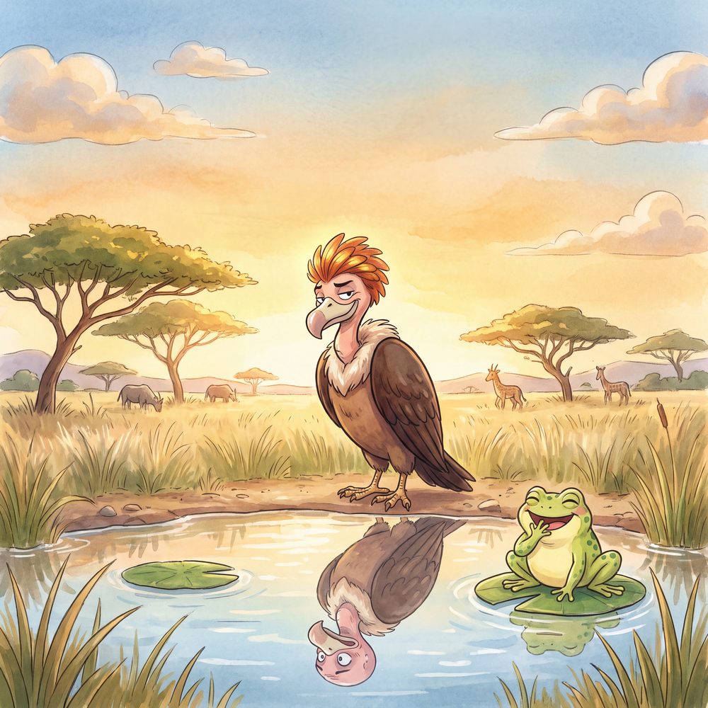Watercolor of Victor the vulture admiring his feathers at a watering hole while his reflection shows him bald, as Franky the frog giggles on a lily pad